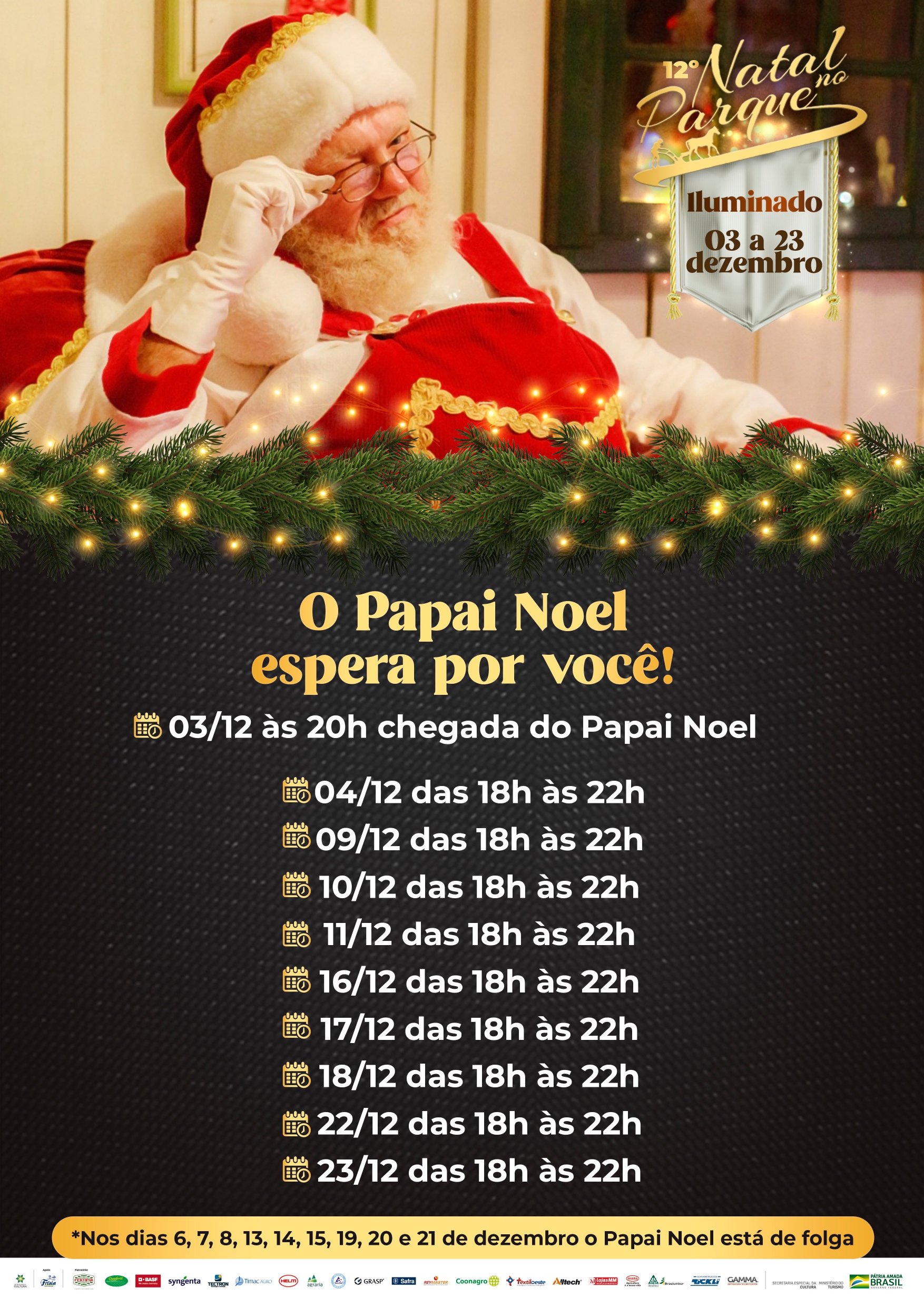 Chegada do Papai Noel no Natal no Parque